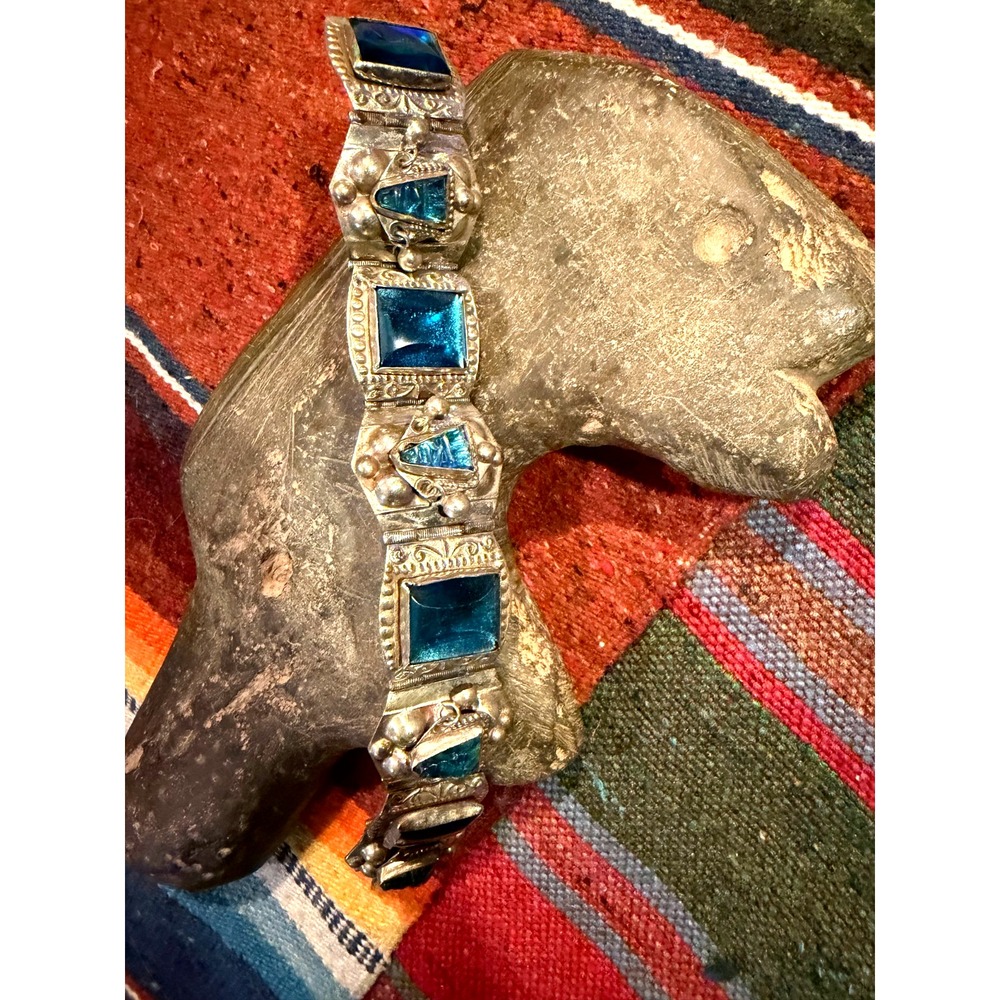 Vintage Taxco Mexico Signed Silver Blue Glass Bracelet